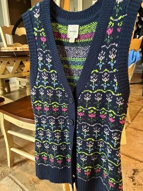 Maeve Navy Floral Fair Isle Knit Button Vest